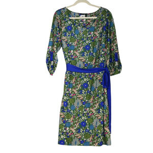 Isabel and Alice Dress Womens Size 1X Green Blue Floral Belted Slinky Boho